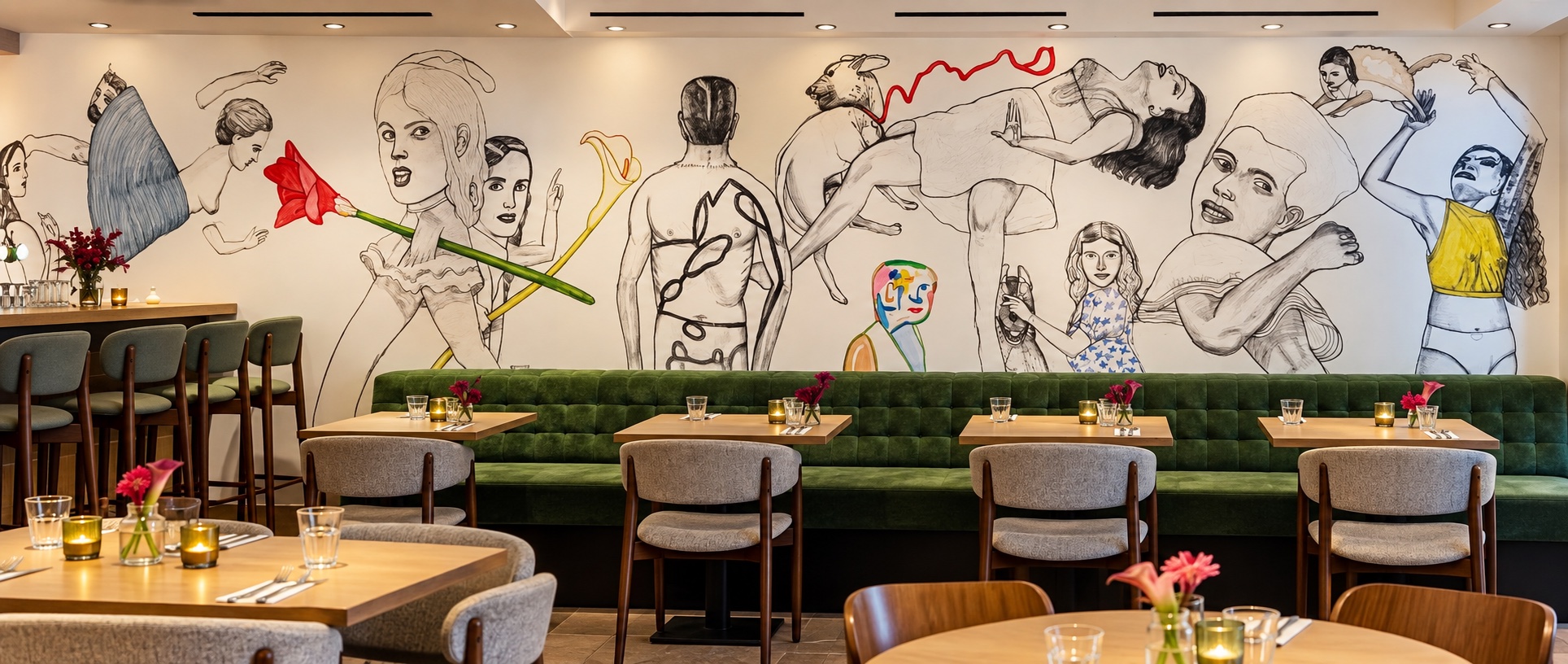Restaurantzaal van Café Restaurant Pulchri met de muurschildering van Pad Andrea